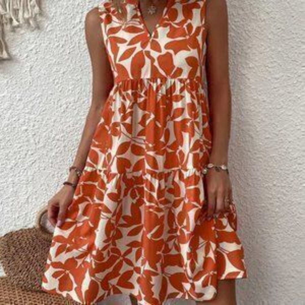 White & Orange Preppy Womens Allover Plant Print Notch Neck Ruffle Hem Dress - Picture 3 of 3